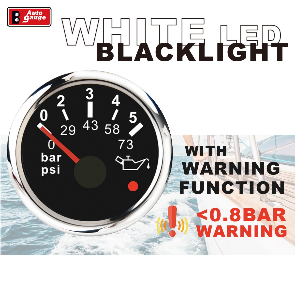 52mm 2inch Electrical Auto Gauge Needle Warning Light Black Oil Pressure Gauge 5 BAR for Marine Heavy Truck Bus Car Generator