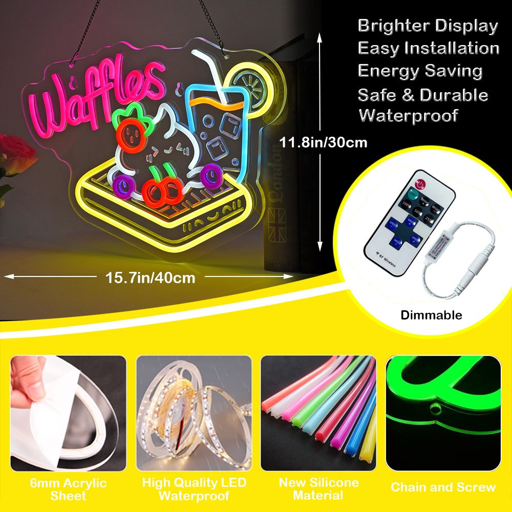 Waffles Neon Sign Lights Hanging Wall Art Decoration for Market Mall Gelato Grocery Bakeries Cafés Celebration Home Decor