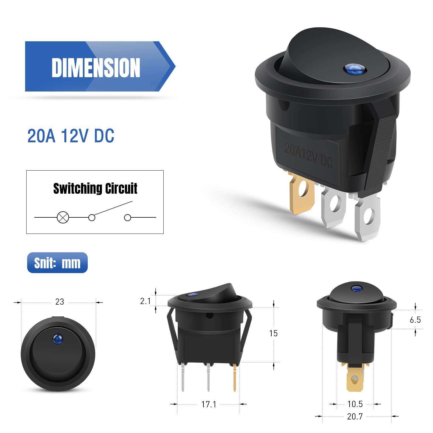 Round Rocker Switch 20mm 12 Volt 20amp 3 Pin on OFF Coffee Maker Rocker Switch, Marine Boat Car LED Rocker Toggle Switch Mini