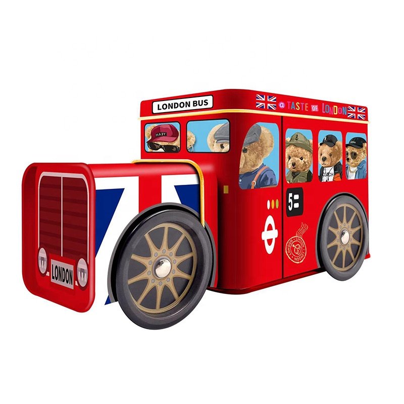 London Bus Design Gift Tin Car Box Tinplate Bus with 4 Wheels for Cookie & Chocolate & Candy Packaging