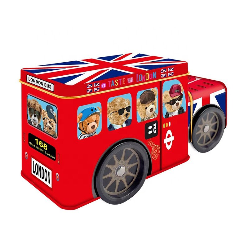 London Bus Design Gift Tin Car Box Tinplate Bus with 4 Wheels for Cookie & Chocolate & Candy Packaging