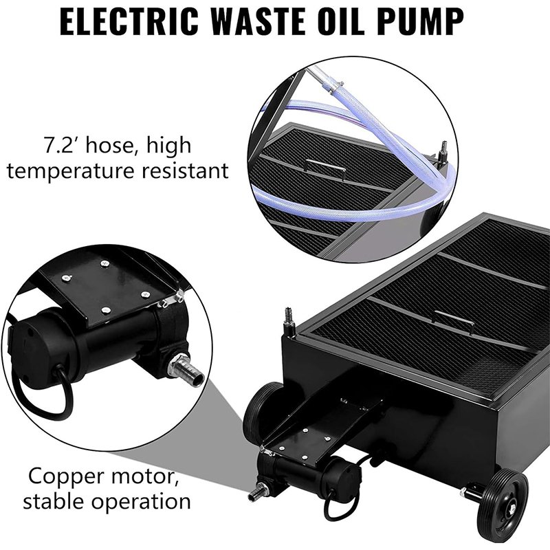 25 Gal Large Capacity Low Profile Oil Drain Pan With Electric Pump 7.2ft Hose & Folding Handle