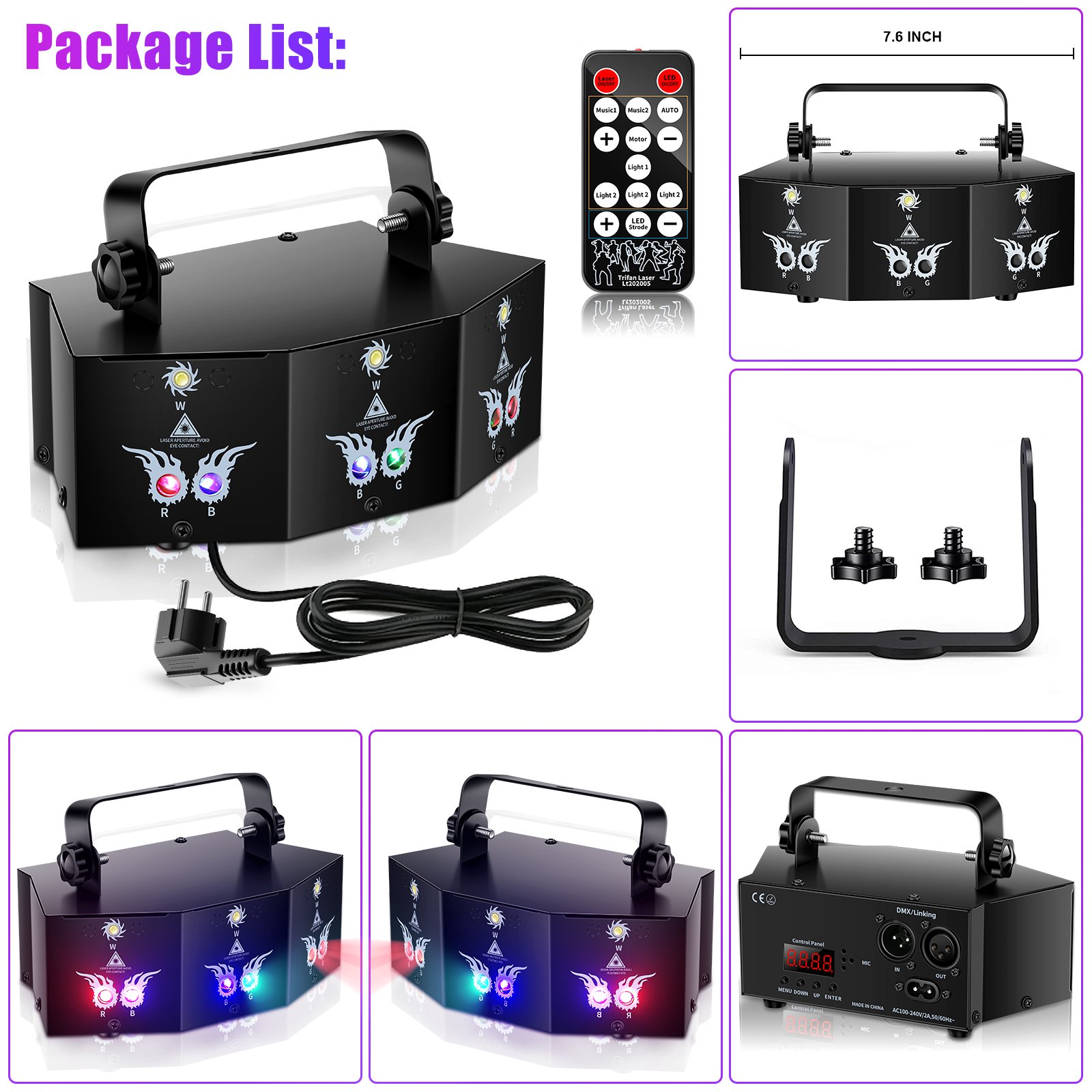 U`King RGB Laser + White Strobe Light Stage Effect Lighting 7CH DMX Sound Control for DJ Club Party Show