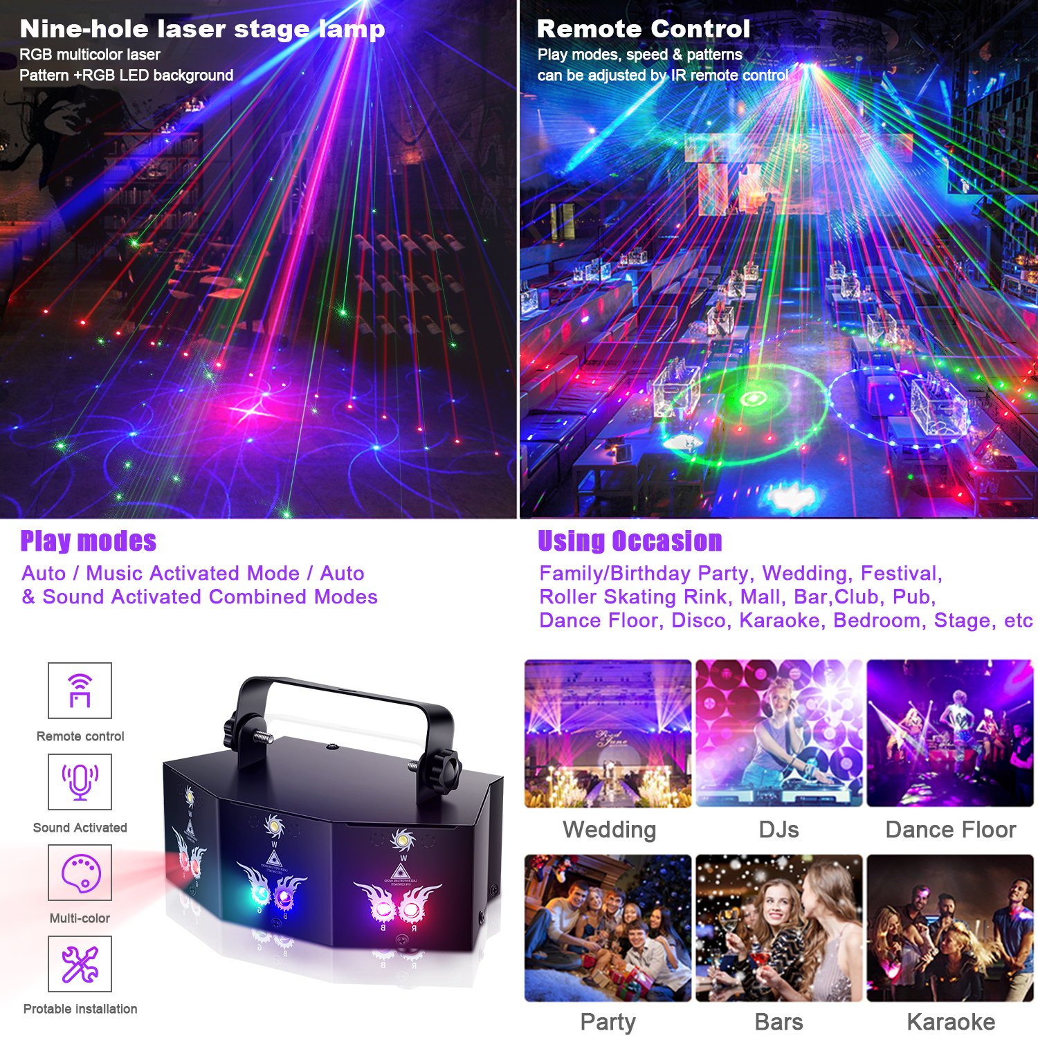 U`King RGB Laser + White Strobe Light Stage Effect Lighting 7CH DMX Sound Control for DJ Club Party Show