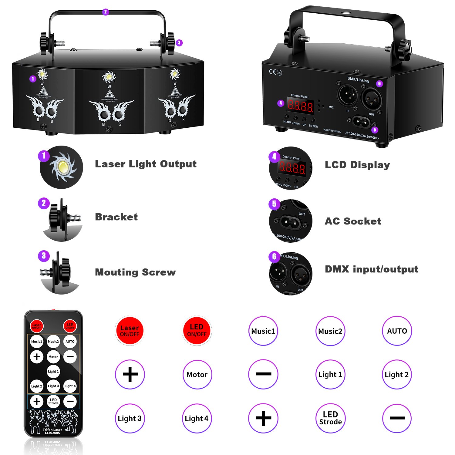U`King RGB Laser + White Strobe Light Stage Effect Lighting 7CH DMX Sound Control for DJ Club Party Show