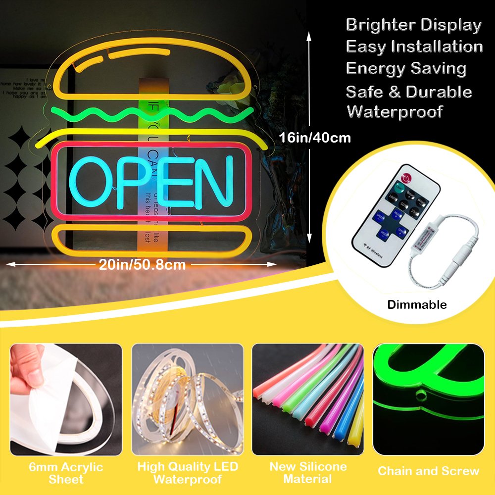 Advertising Design Custom Led Neon Hamburger Open Neon Sign for Fast Food Shop Decoration