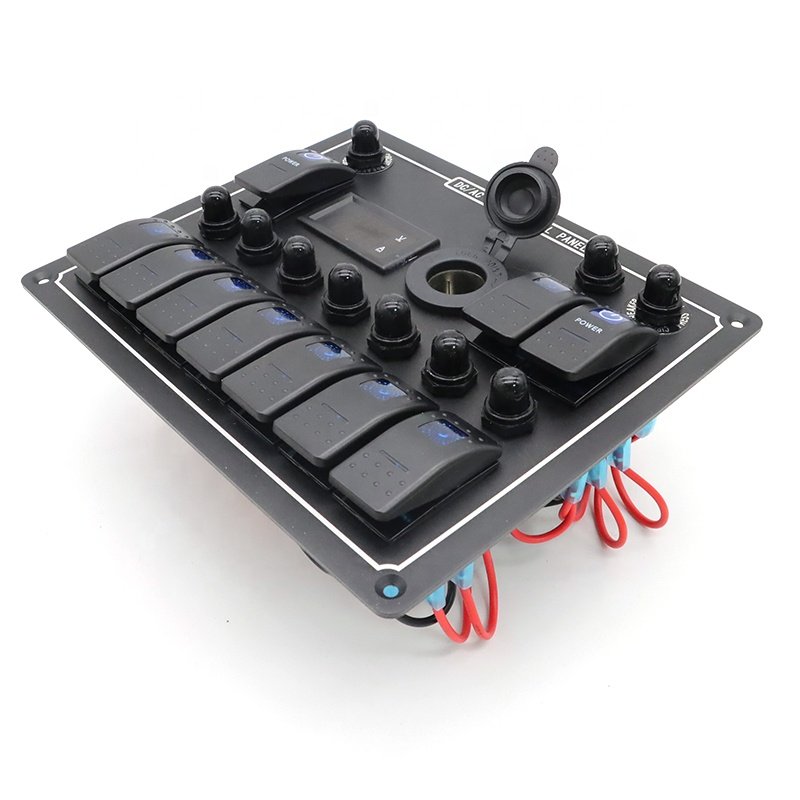 10 Gang Rocker Switch Panel with USB Voltmeter RV Car Instrument Switch 12V Marine Digital Dashboard Panel for Yacht Boat Truck