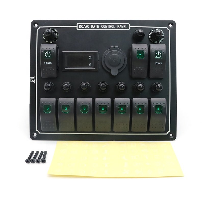 10 Gang Rocker Switch Panel with USB Voltmeter RV Car Instrument Switch 12V Marine Digital Dashboard Panel for Yacht Boat Truck