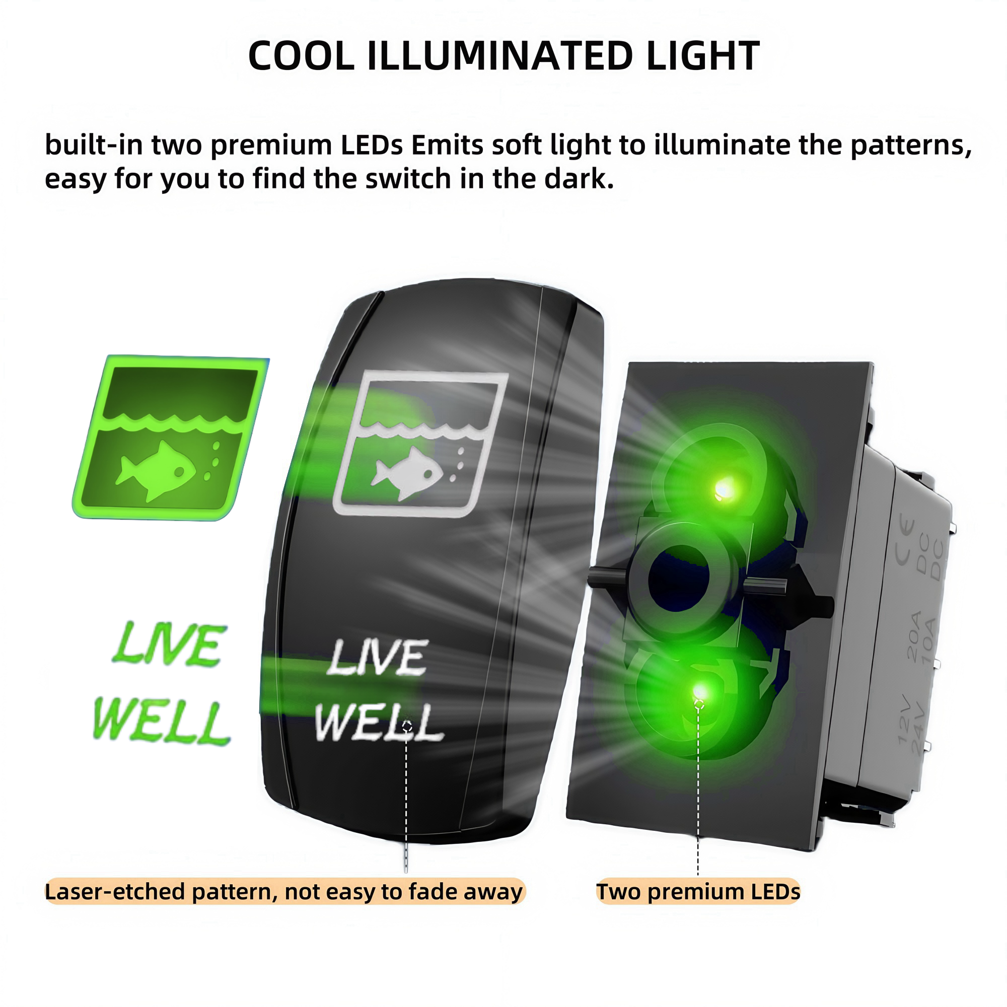 Live Well Rocker Switch 12V 24V 5 Pin SPST on OFF Marine Boat Heavy Duty Toggle Switch Laser Etched Fish Tank Rocker Switch
