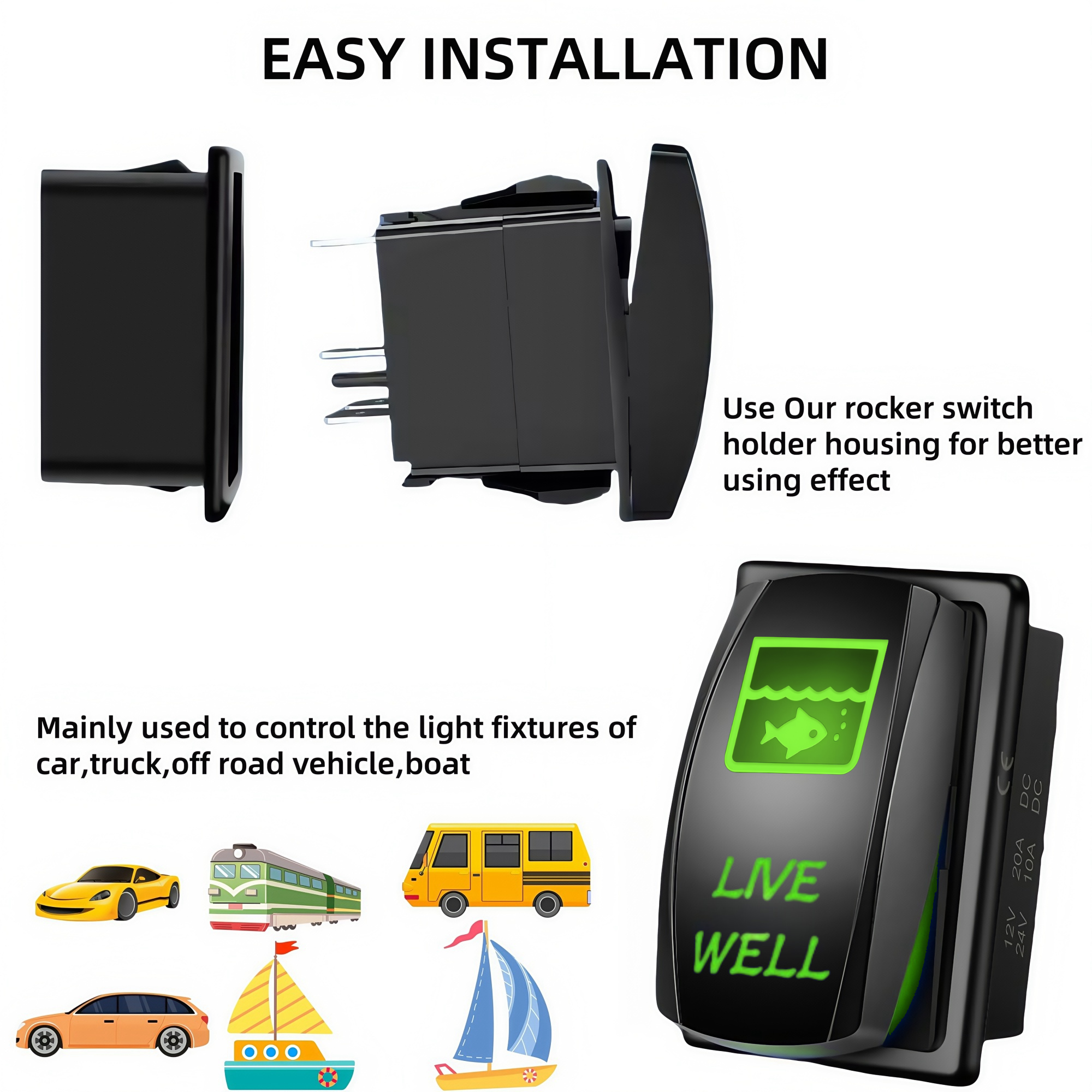 Live Well Rocker Switch 12V 24V 5 Pin SPST on OFF Marine Boat Heavy Duty Toggle Switch Laser Etched Fish Tank Rocker Switch
