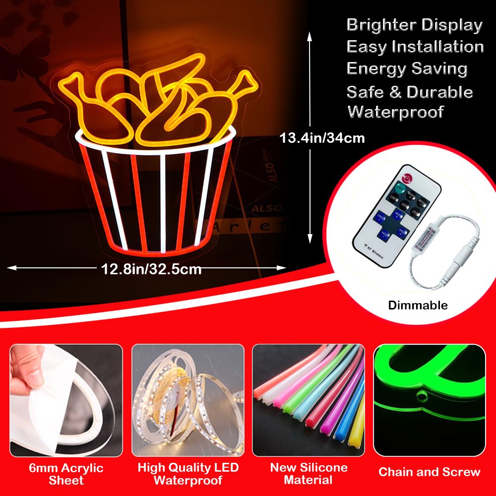 Fried Chicken LED Neon Sign for Restaurants Hamburger Shops Parties Decoration to Create Atmosphere