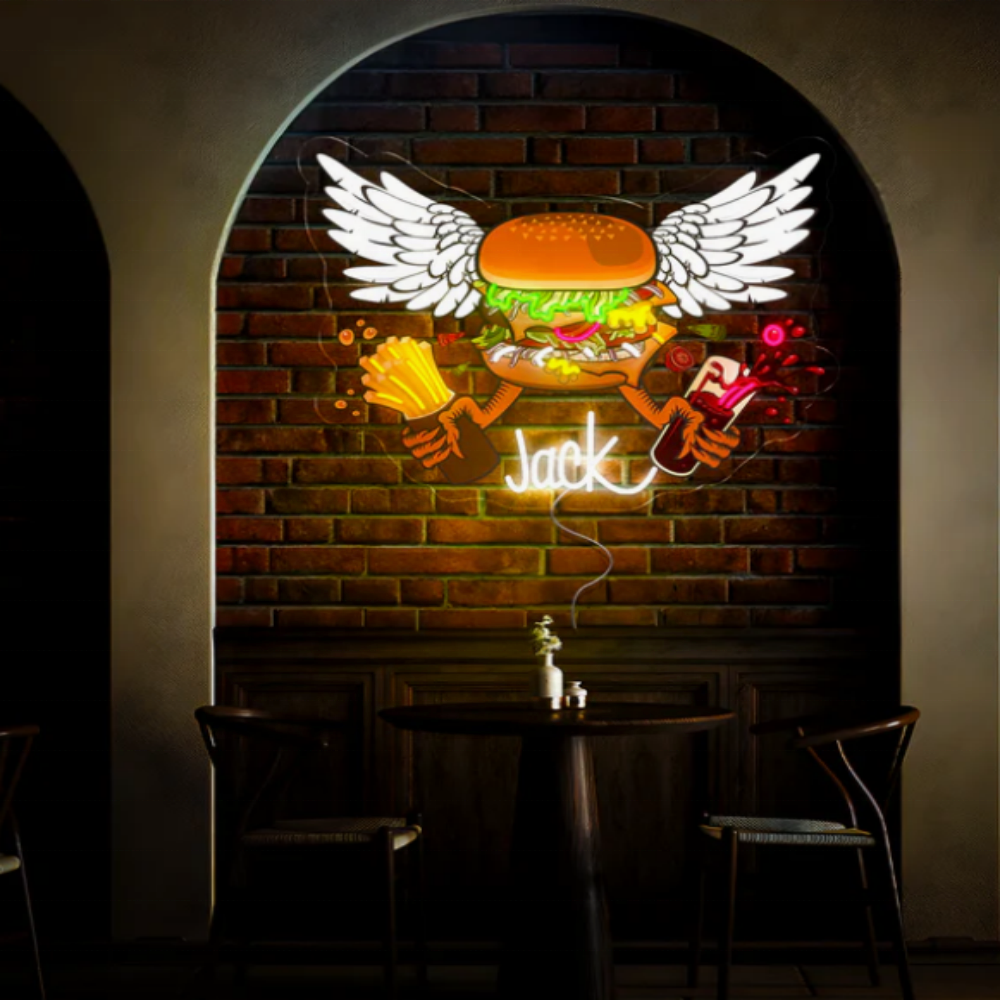 Custom Store Business logo Design Hamburger with wings Led Neon Sign Store Business logo Idea for Store Advertising