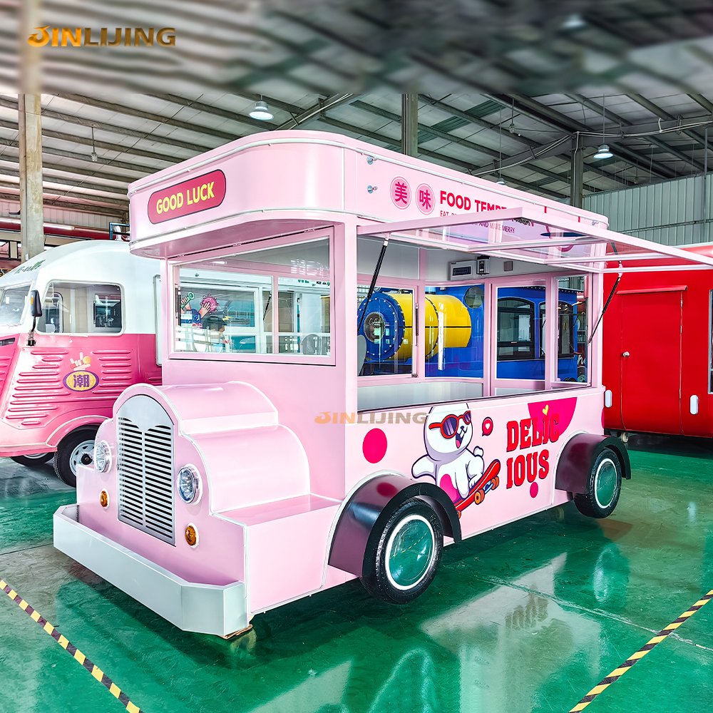 JINLIJING Custom Pink Coffee Bus Pizza Trailer Outdoor Mobile Kitchen Stree Fast Food Truck Cocina