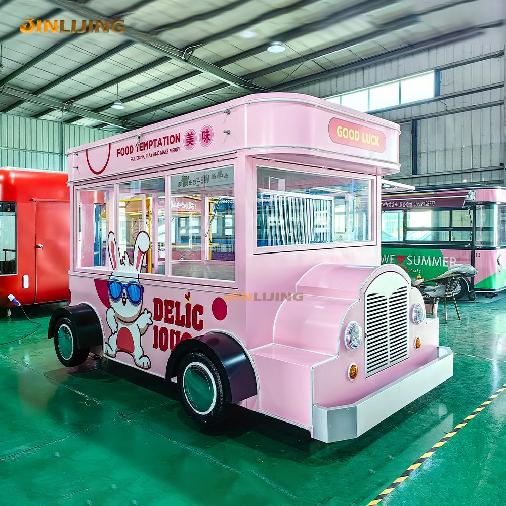 JINLIJING Custom Pink Coffee Bus Pizza Trailer Outdoor Mobile Kitchen Stree Fast Food Truck Cocina