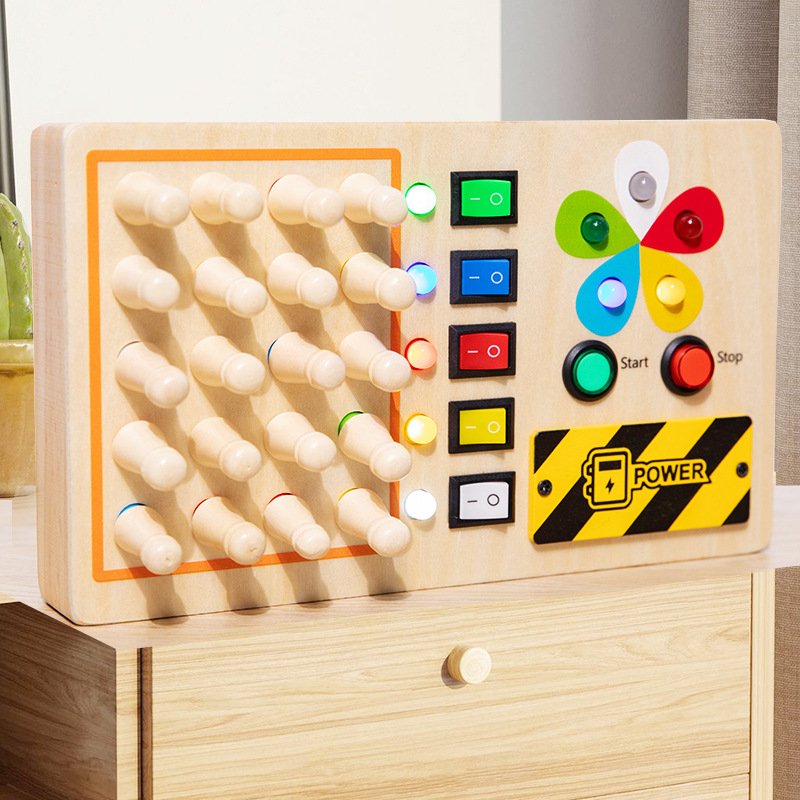 Montessori 1+ Year Old Educational Toys Wooden Busy Board with 8 LED Light Switches Sensory Travel Toys for Toddler