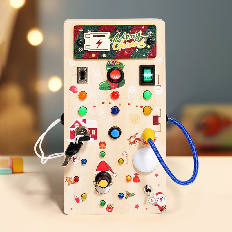 Montessori 1+ Year Old Educational Toys Wooden Busy Board with 8 LED Light Switches Sensory Travel Toys for Toddler