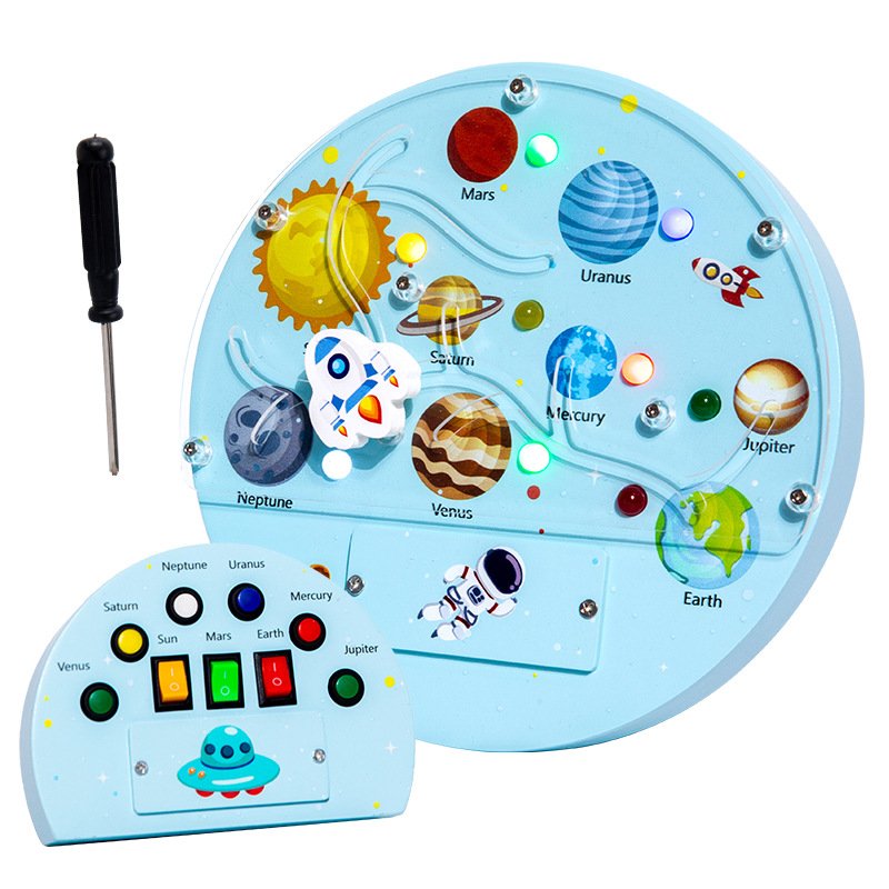 Montessori 1+ Year Old Educational Toys Wooden Busy Board with 8 LED Light Switches Sensory Travel Toys for Toddler