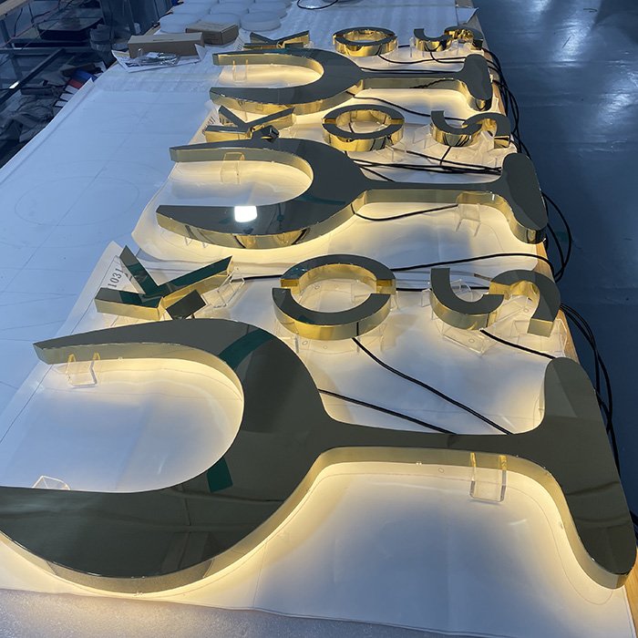 Custom Outdoor Large 3D Backlit Advertising Alphabet Letter Sign LED Illuminated Gold Color Metal Sign for Business Store