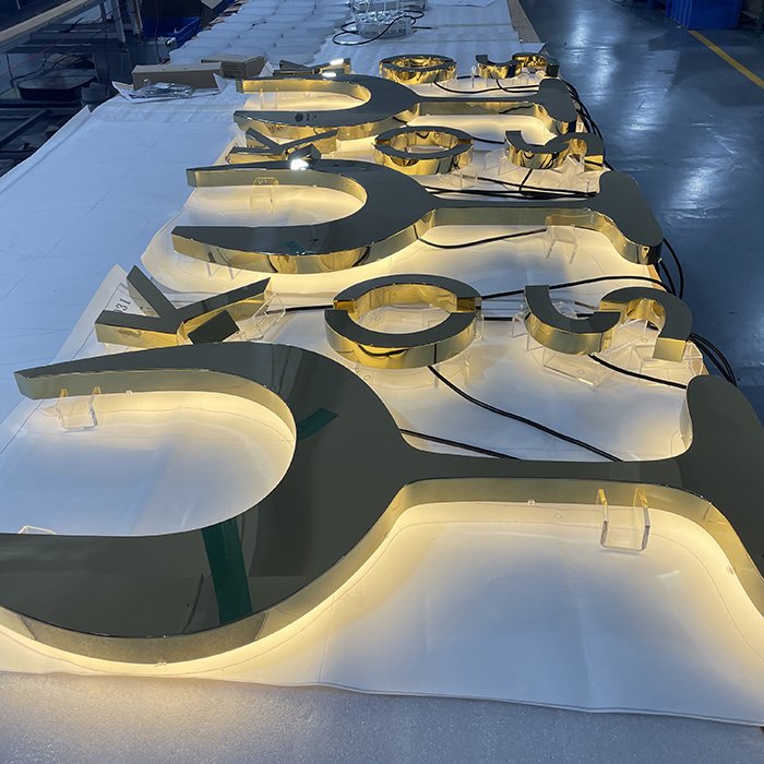 Custom Outdoor Large 3D Backlit Advertising Alphabet Letter Sign LED Illuminated Gold Color Metal Sign for Business Store
