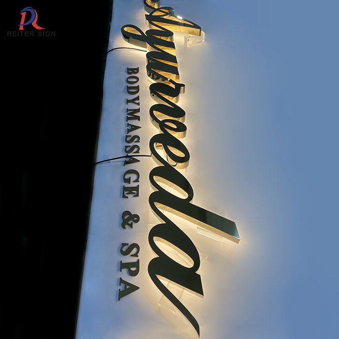 Custom Outdoor Large 3D Backlit Advertising Alphabet Letter Sign LED Illuminated Gold Color Metal Sign for Business Store
