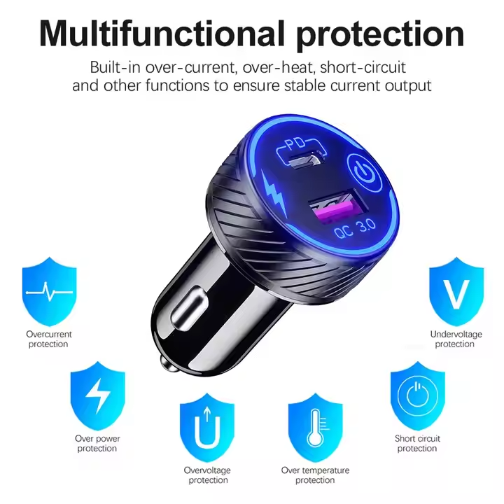 68W High-speed Charging Type-c+QC3.0 dual ports wire-less Cigarette Lighter USB Charger for iphone 16/15/14 and more phones