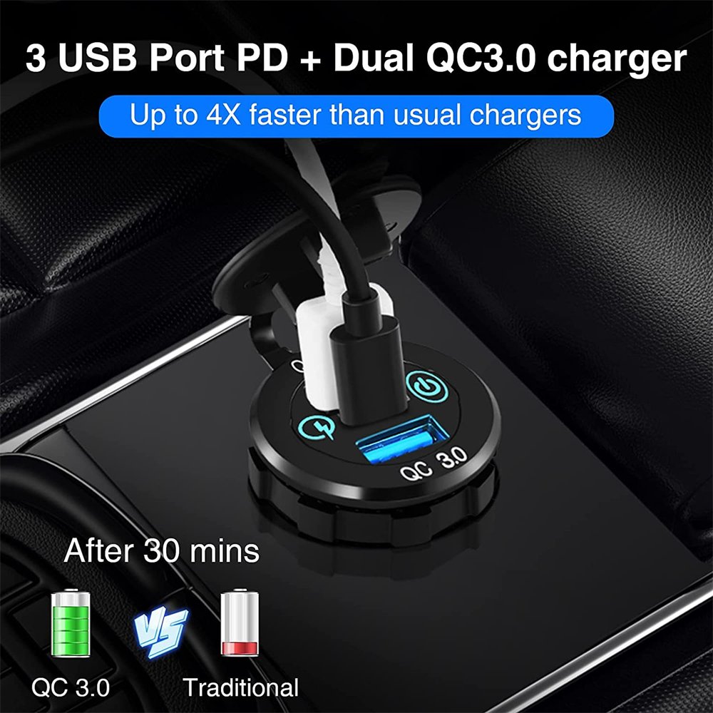 Suitable for Car Motorcycle Boat Modification Car Charger Metal USB Fast Charger Socket Fast Charging Triple Ports Car Charger