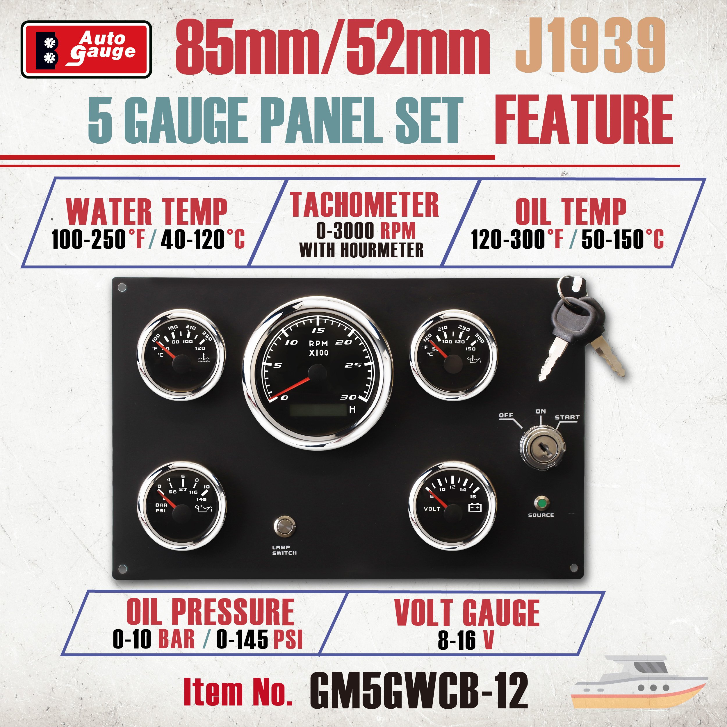 85mm 52mm Engine Instrument Gauge J1939 Can Bus 5 Gauge Panel Set 12V IP67 Waterproof Car Generator Boat