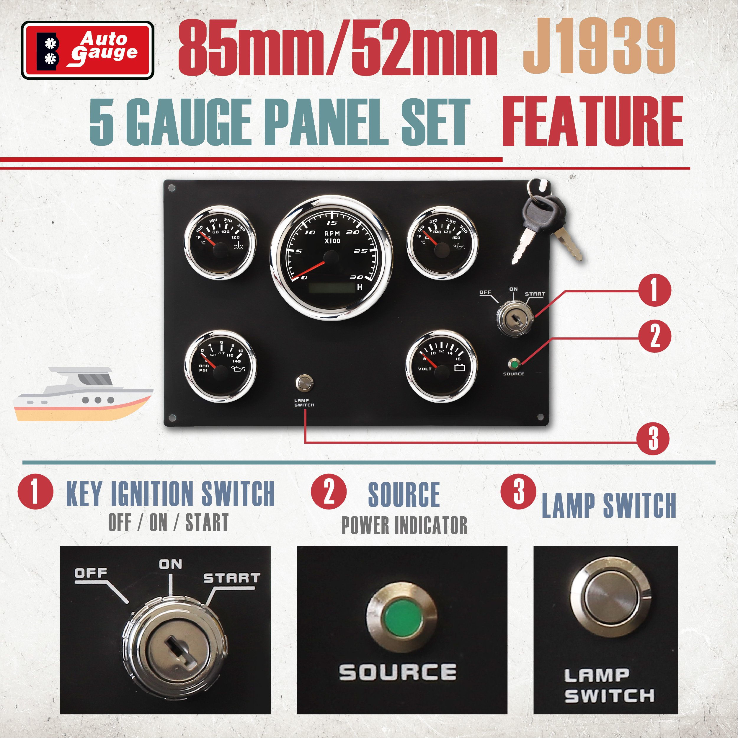 85mm 52mm Engine Instrument Gauge J1939 Can Bus 5 Gauge Panel Set 12V IP67 Waterproof Car Generator Boat
