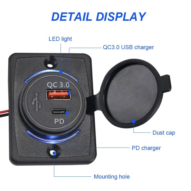 Panel Mount Massage Chair Marine Boat Car Bus Seat USB Charging Port Bus 18WPD+QC3.0 USB Charger
