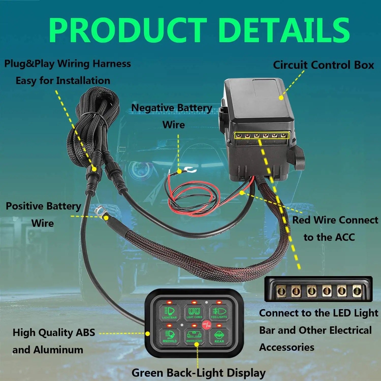 12V Car Switch Panel for Jeep Wrangler JK JL, Fuse and Relay Box Holder Automatic Dimmable 6 Gang Off Road Lights Switch Panel