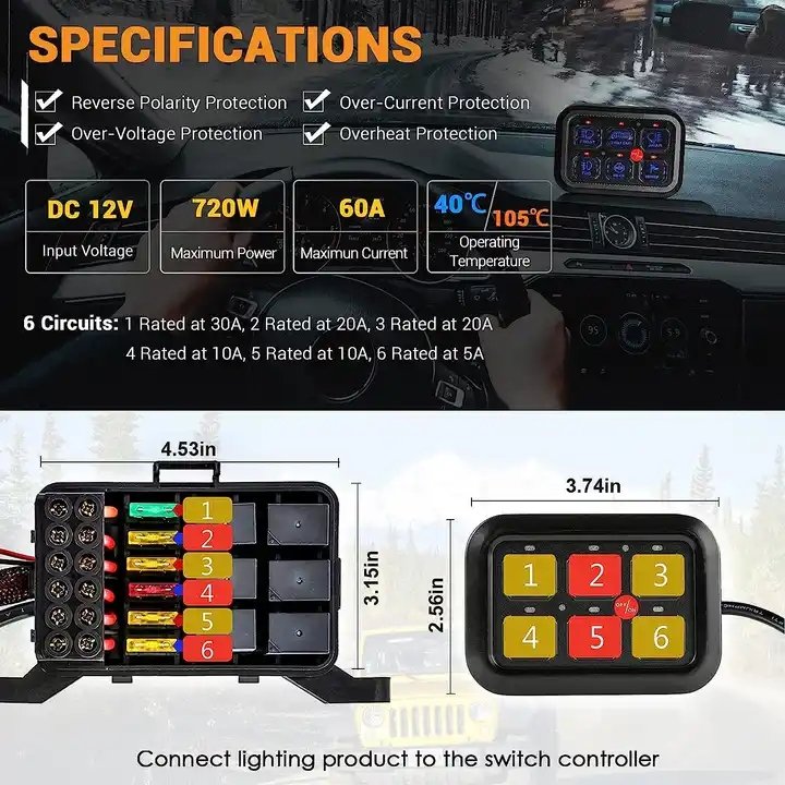 12V Car Switch Panel for Jeep Wrangler JK JL, Fuse and Relay Box Holder Automatic Dimmable 6 Gang Off Road Lights Switch Panel