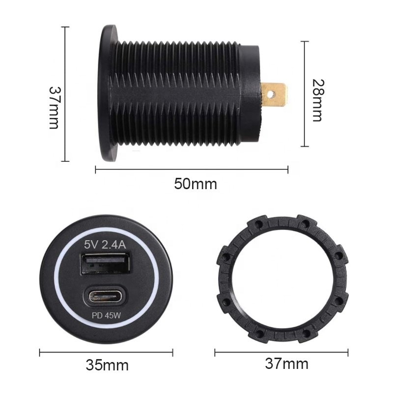 DC 12v 24V Dual Port USB PD 1A1C 45W Charger Socket Adapter Power Outlet for Bus Car Marine RV Lighter Waterproof
