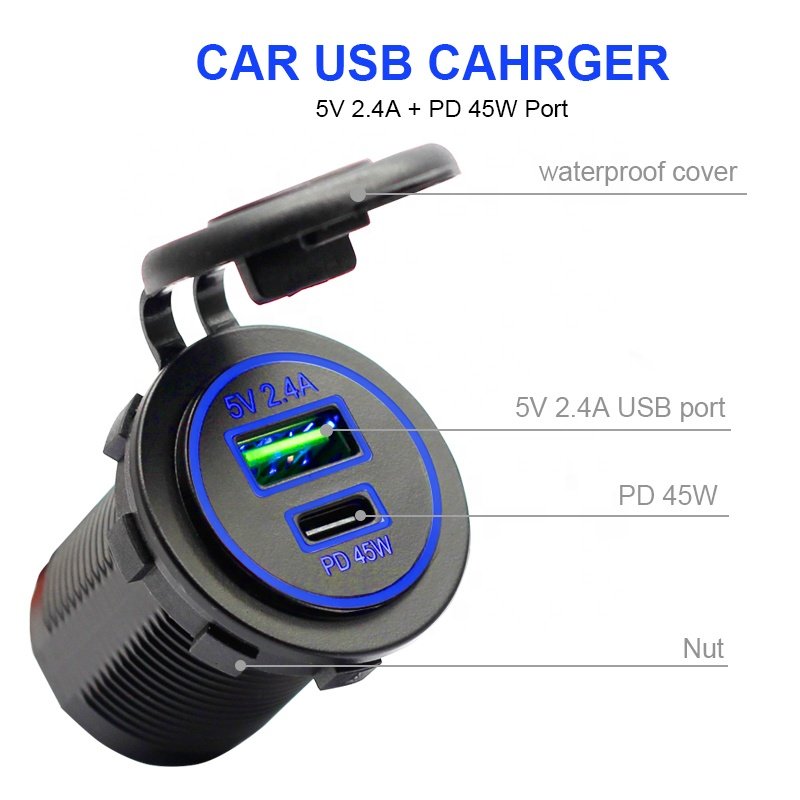 DC 12v 24V Dual Port USB PD 1A1C 45W Charger Socket Adapter Power Outlet for Bus Car Marine RV Lighter Waterproof