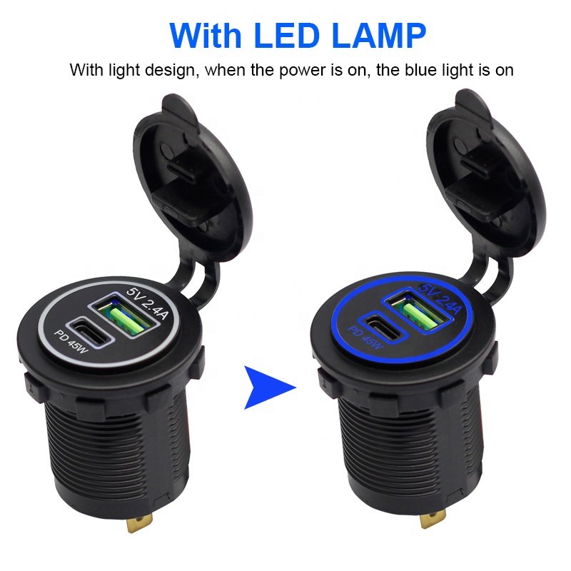 DC 12v 24V Dual Port USB PD 1A1C 45W Charger Socket Adapter Power Outlet for Bus Car Marine RV Lighter Waterproof