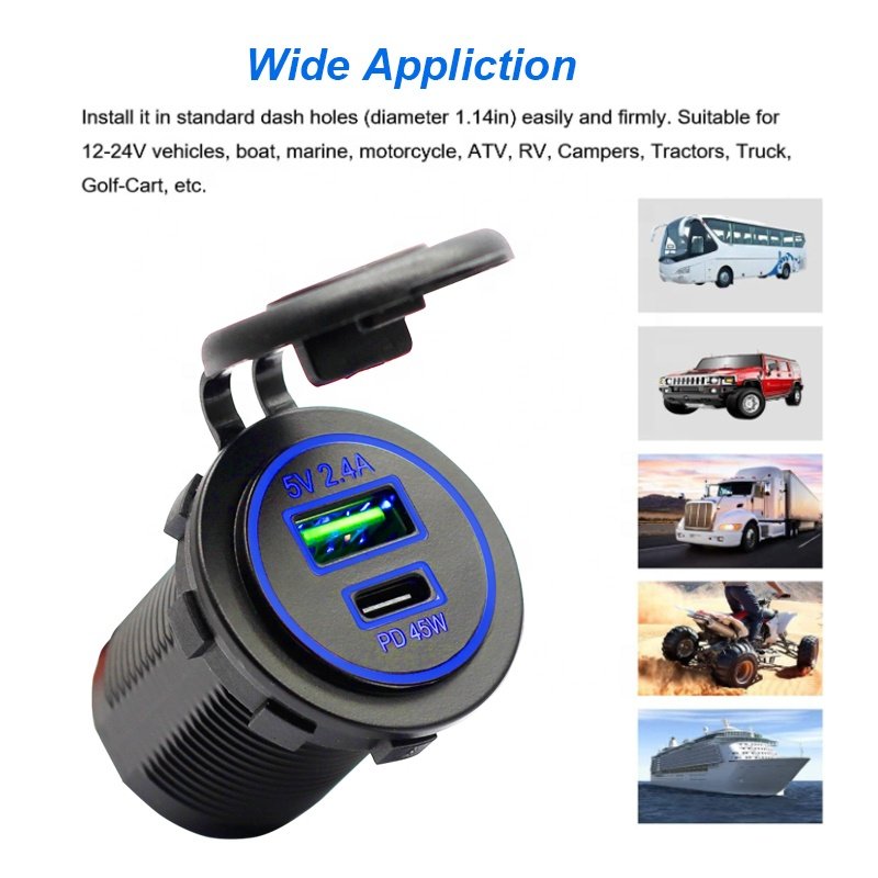 DC 12v 24V Dual Port USB PD 1A1C 45W Charger Socket Adapter Power Outlet for Bus Car Marine RV Lighter Waterproof
