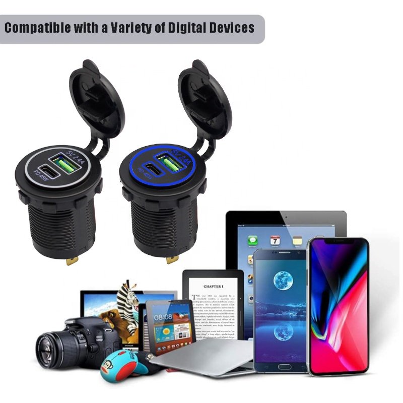 DC 12v 24V Dual Port USB PD 1A1C 45W Charger Socket Adapter Power Outlet for Bus Car Marine RV Lighter Waterproof