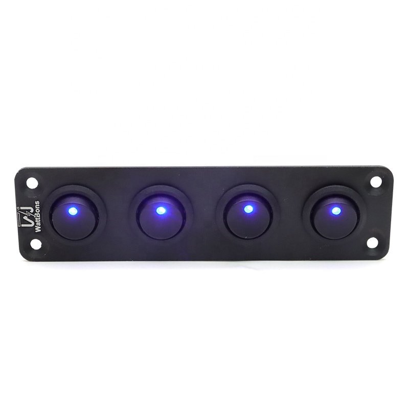 4 Gang Round Rocker Switch Panel Blue Backlit SPST 3 Pin 12V on Off Switch Car Boat RV Truck Waterproof Rocker Toggle Switch