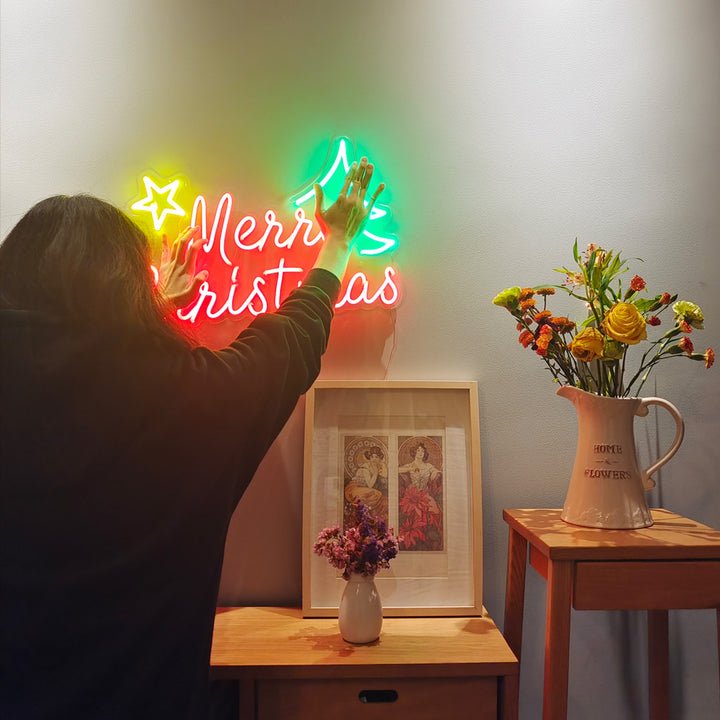 Custom Merry Christmas Neon Sign LED Light Sign Wall Decorations with Star Light for Bedroom Party Christmas Party Decorations