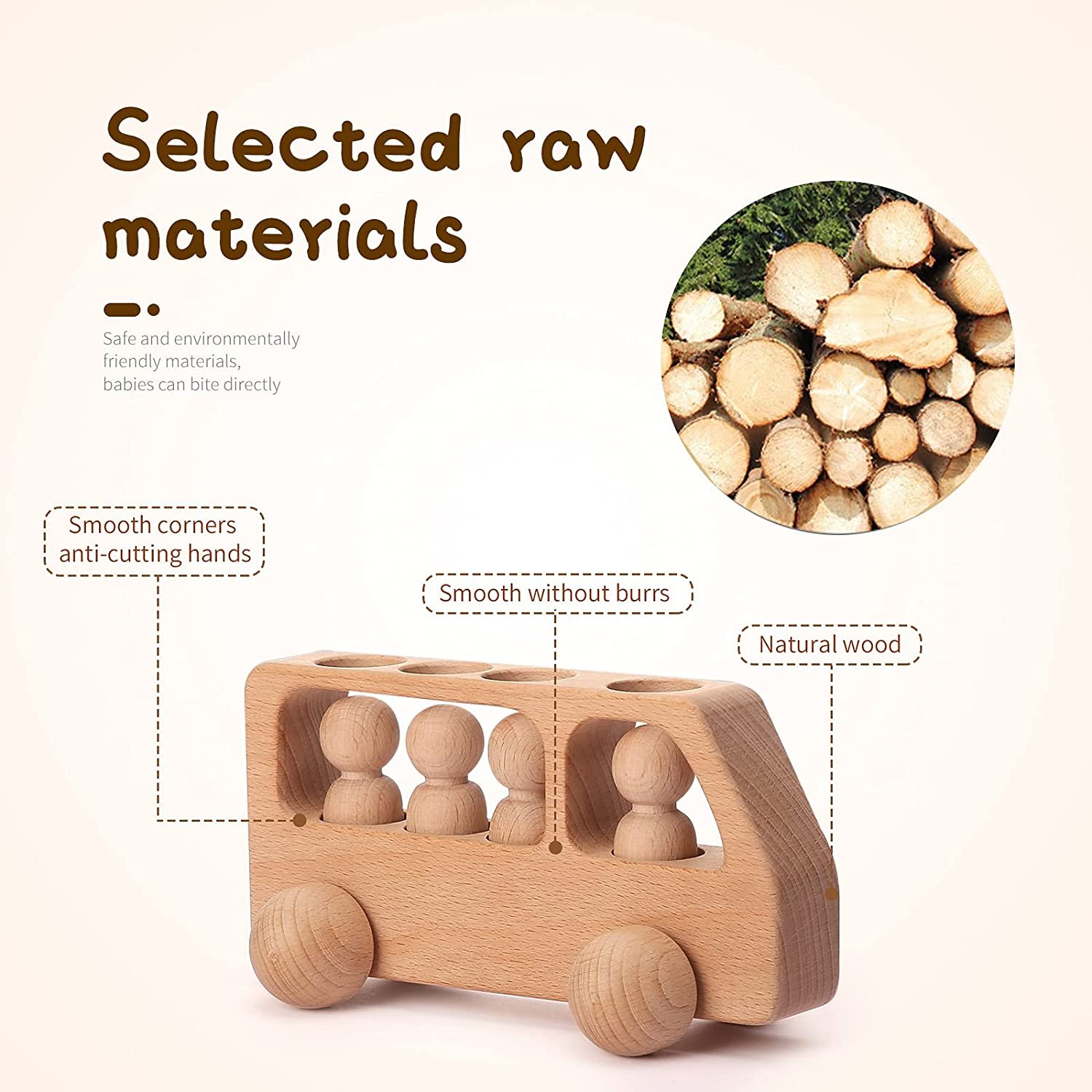 4 Wooden Figures in the Bus Peg Dolls Unfinished Wooden Peg People Cars