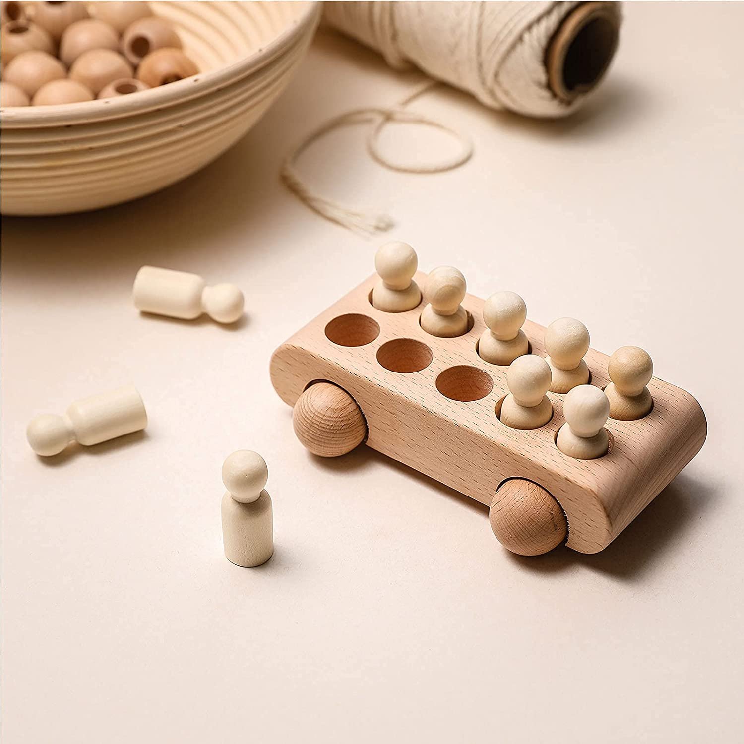 4 Wooden Figures in the Bus Peg Dolls Unfinished Wooden Peg People Cars