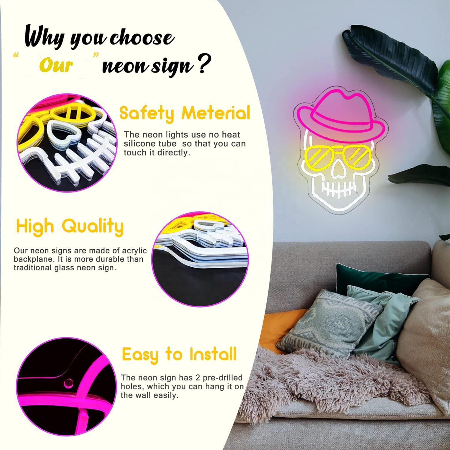 Adjustable Brightness Skeleton Skull Neon Lamp LED Neon Lights for Wall Kids Room Man Cave Wall Decoration Stand Installation