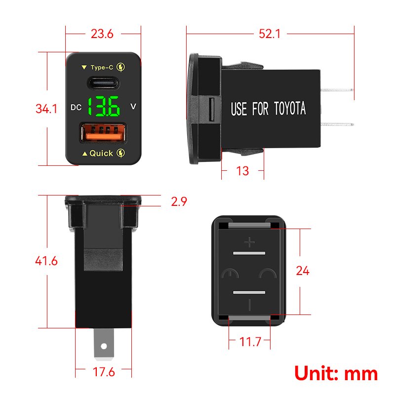 Youliang Wholesale Toyota USB C Port USB a QC3.0 Car Charger for Mobile Phone Toyota USB Socket Rectangle