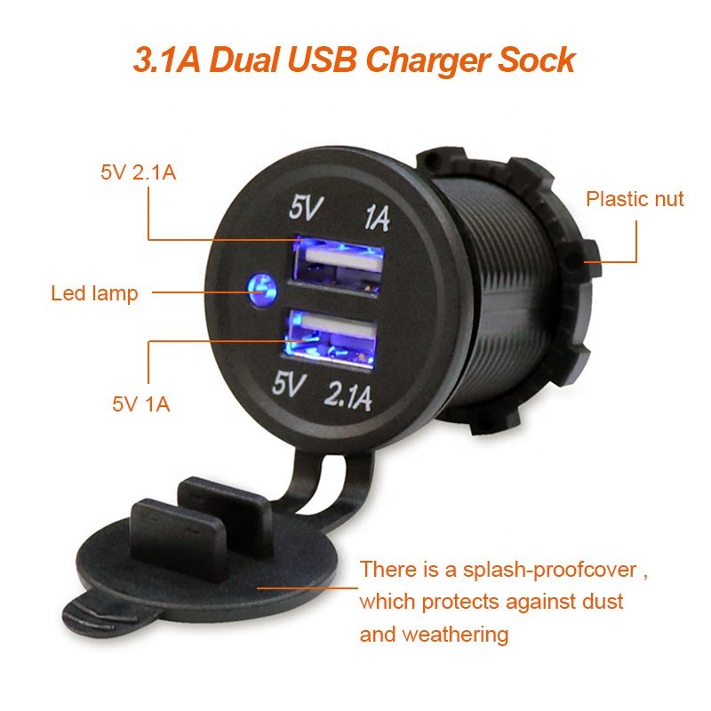 Truck Bike Waterproof LED Light Ring 3.1A Dual Port Socket Mobile Phone USB Car Charger