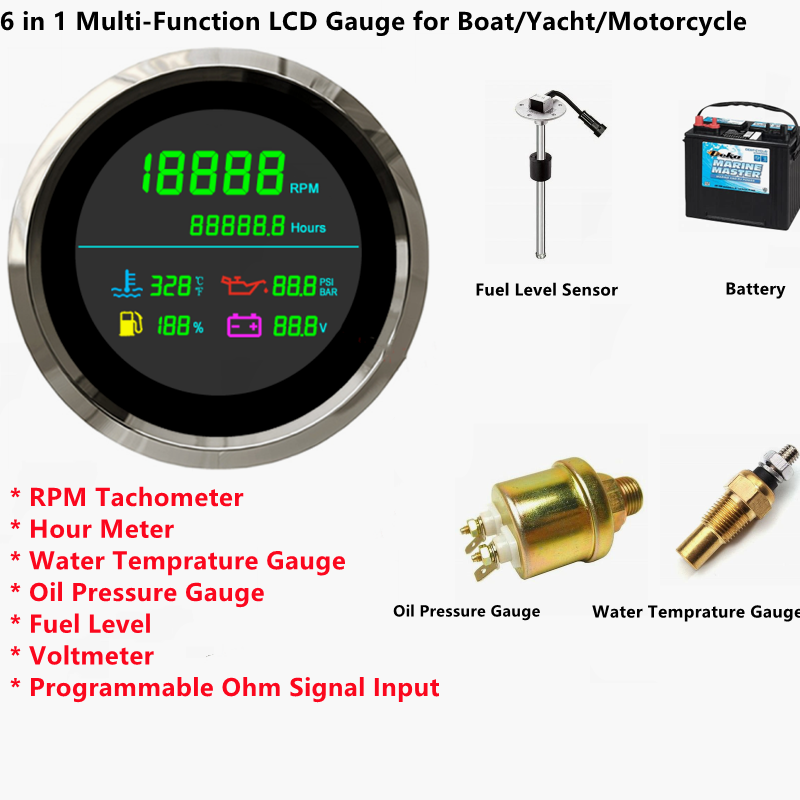 6 in 1 RPM Gauge Tachometer for Boat Engine