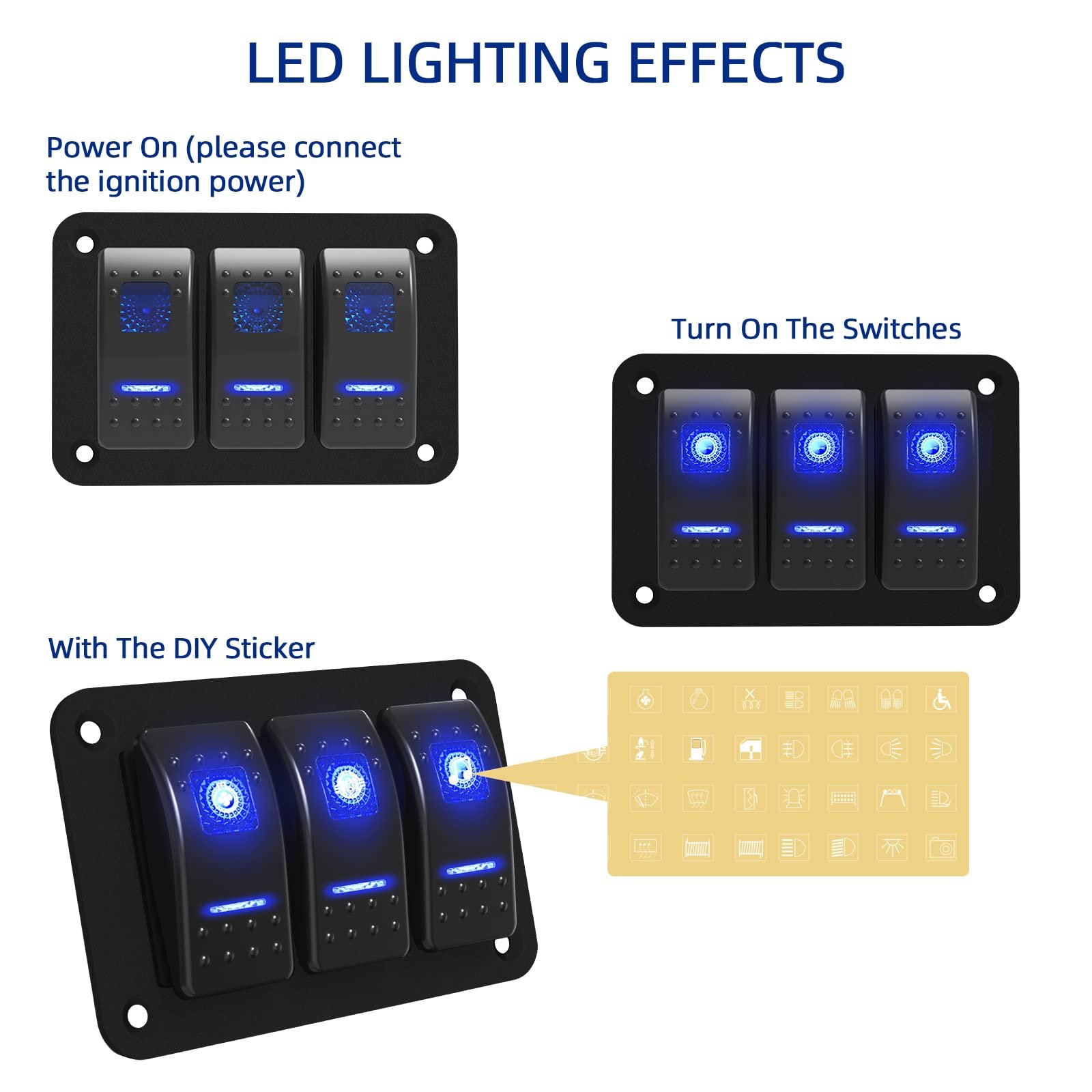 3 Gang Boat Rocker Switch Panel Marine 5 Pin 12V ON-Off Switch 24V LED Light Toggle Switch Panel Waterproof for Car RV ATV UTV