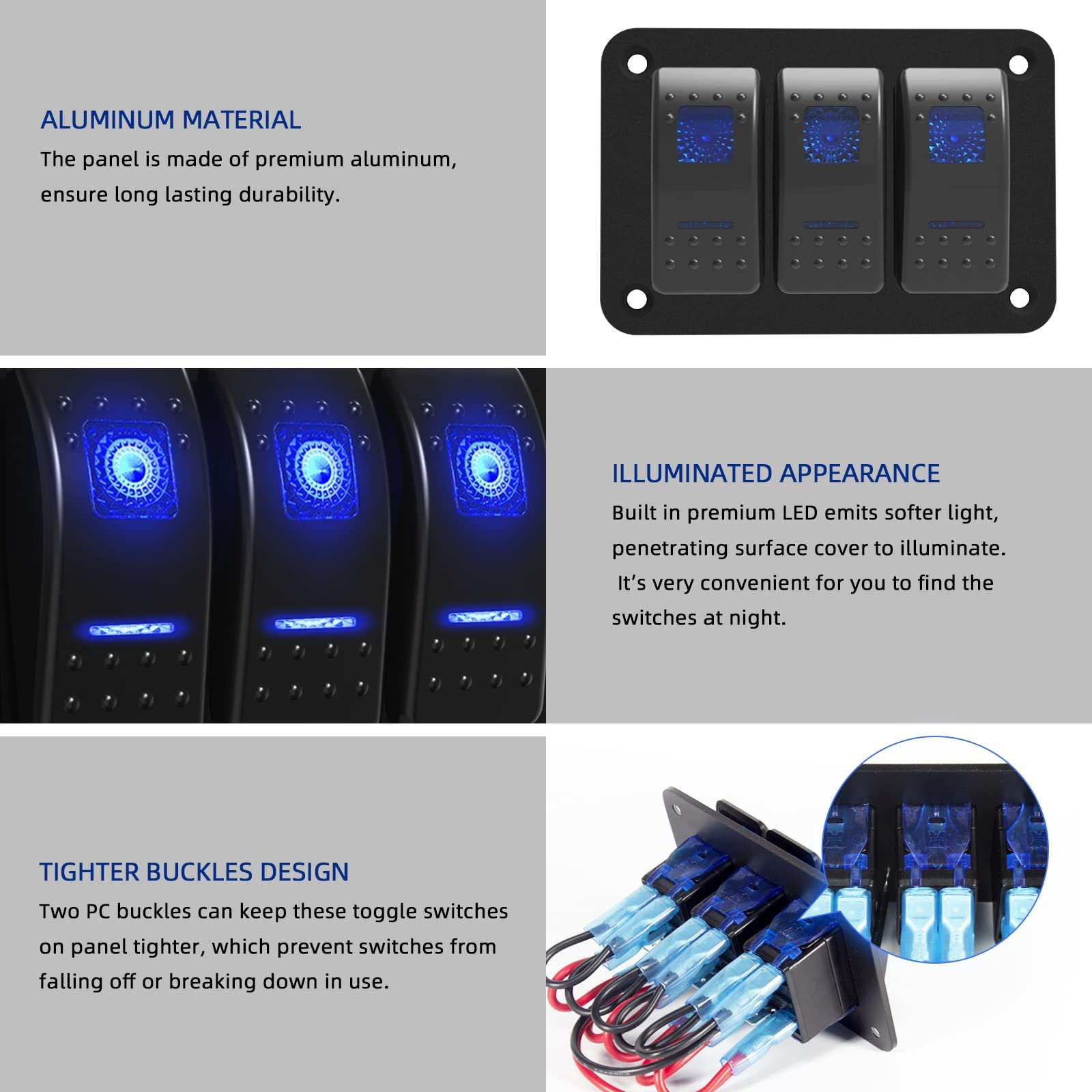 3 Gang Boat Rocker Switch Panel Marine 5 Pin 12V ON-Off Switch 24V LED Light Toggle Switch Panel Waterproof for Car RV ATV UTV