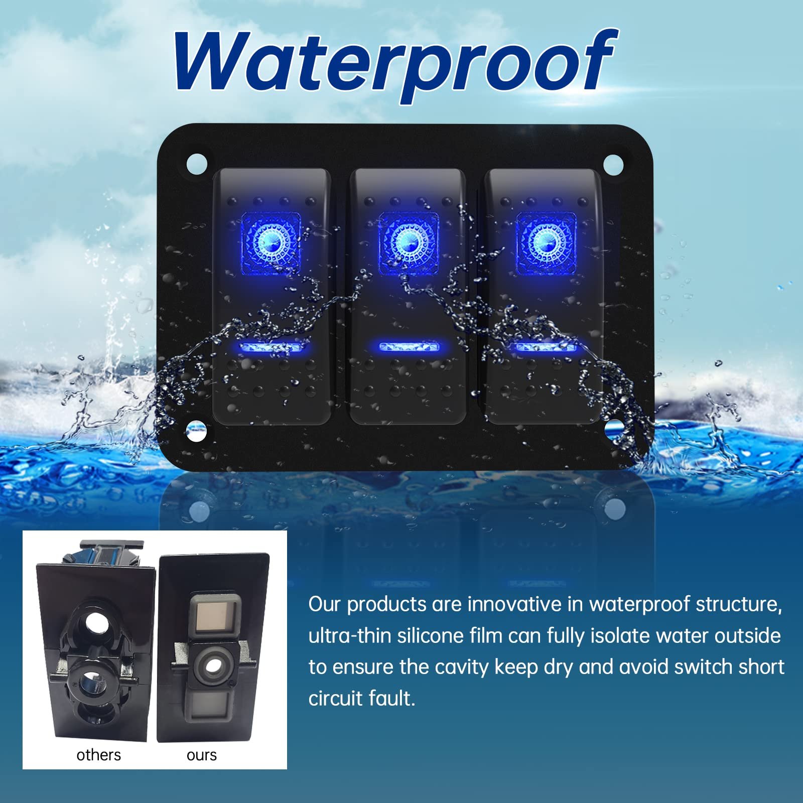 3 Gang Boat Rocker Switch Panel Marine 5 Pin 12V ON-Off Switch 24V LED Light Toggle Switch Panel Waterproof for Car RV ATV UTV