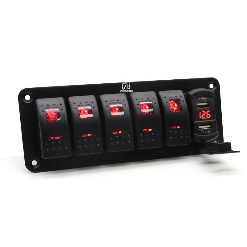 12V Boat Switch Panel Waterproof with Voltmeter Dual USB Car Charger Socket 5 Gang Marine Rocker Toggle Switch Panel for Truck