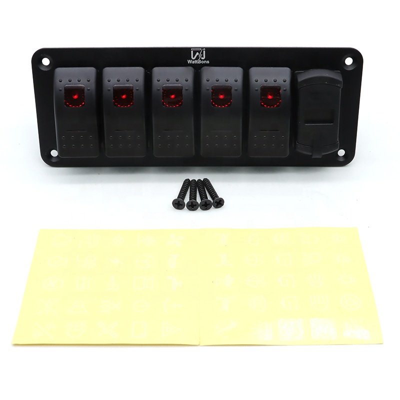 12V Boat Switch Panel Waterproof with Voltmeter Dual USB Car Charger Socket 5 Gang Marine Rocker Toggle Switch Panel for Truck