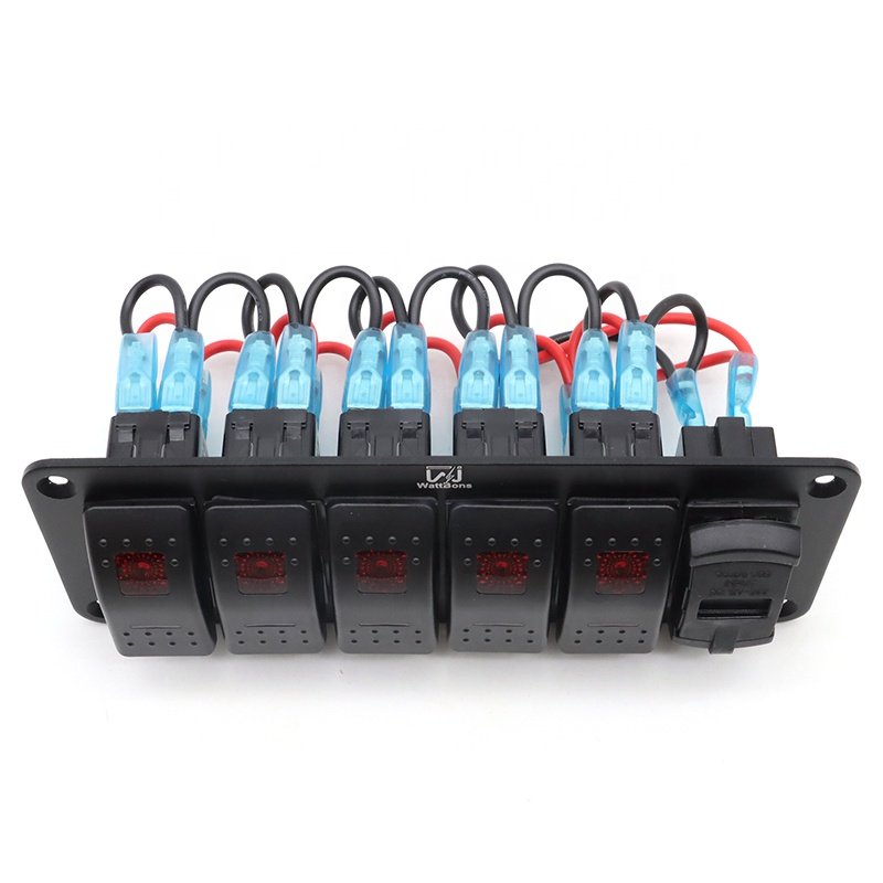 12V Boat Switch Panel Waterproof with Voltmeter Dual USB Car Charger Socket 5 Gang Marine Rocker Toggle Switch Panel for Truck